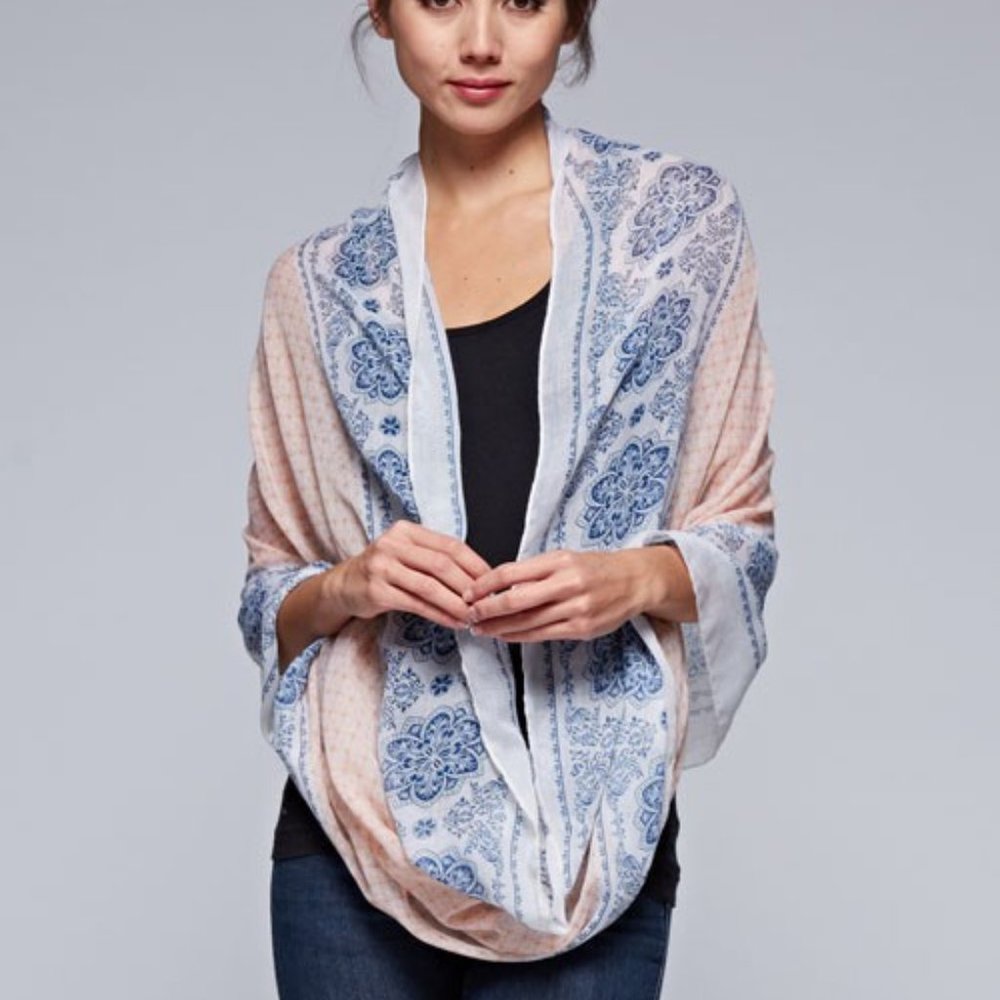 womens Lightweight  scarf Border Medallion Scarf blue light peach wrap